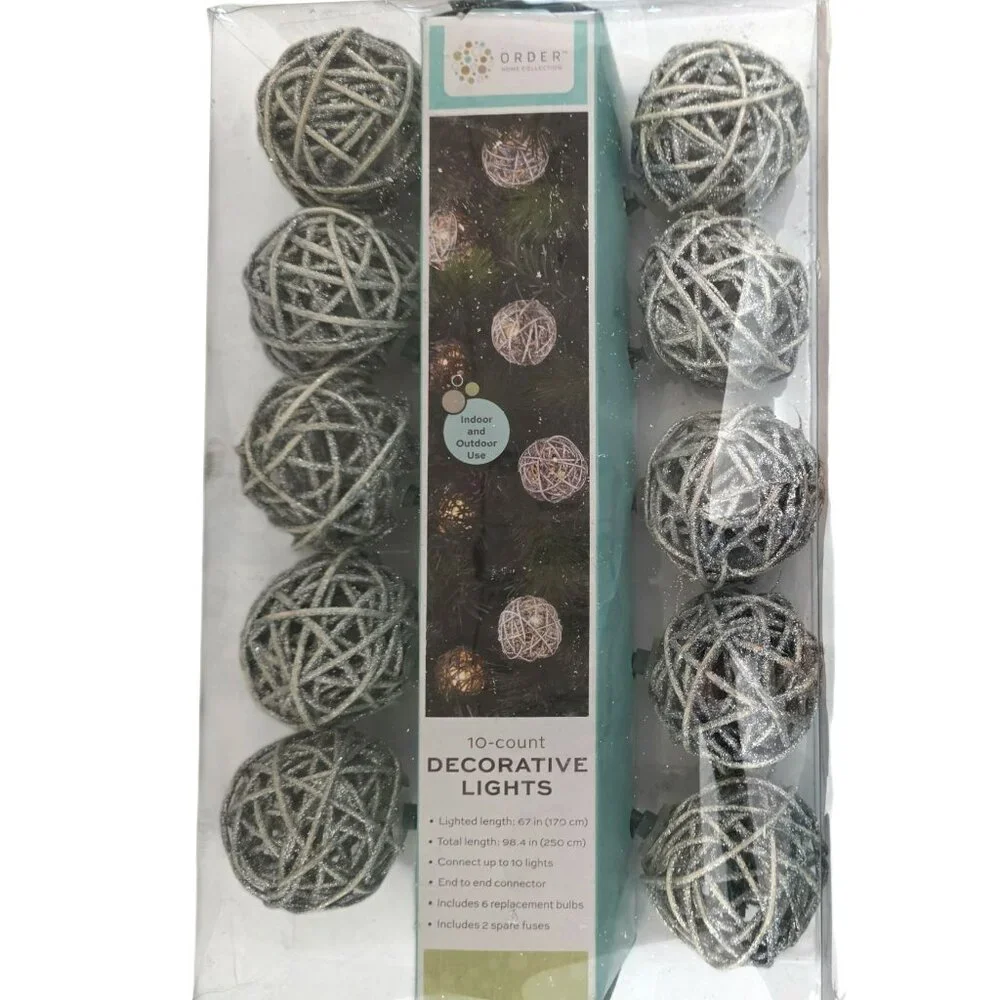 New Rattan Ball String Lights Silver Glitter 10 Bulbs Rustic Orb Holiday Patio
